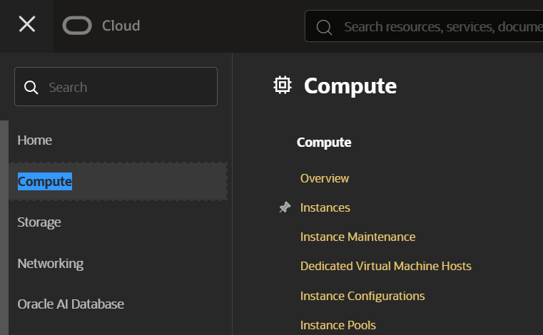 Oracle Cloud compute navigation menu showing the path to Instances under Compute